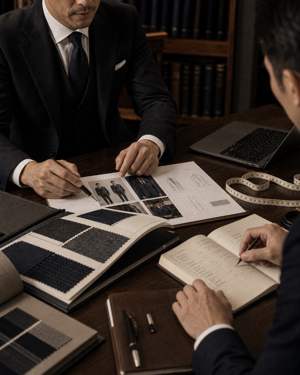 Suit consultation reference for confirming the fit direction and measurement file before bulk production