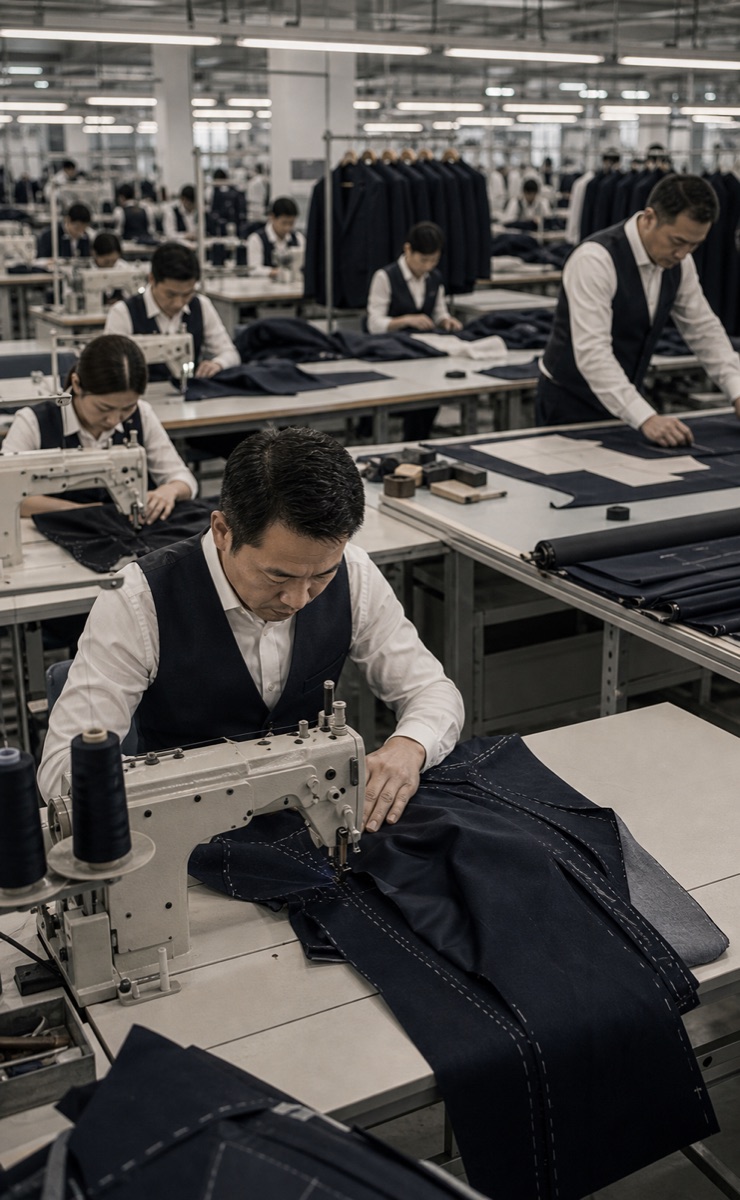 Suit production workstations used as a reference for placing measurement checks at controlled production stages