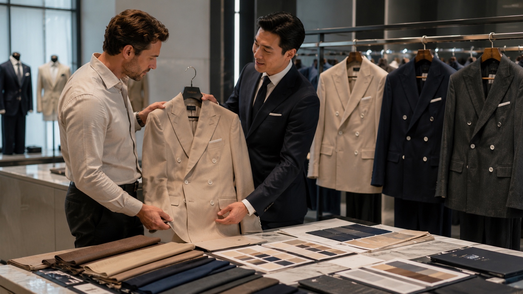 Finished double-breasted suit presentation used when checking bulk-order consistency before packing