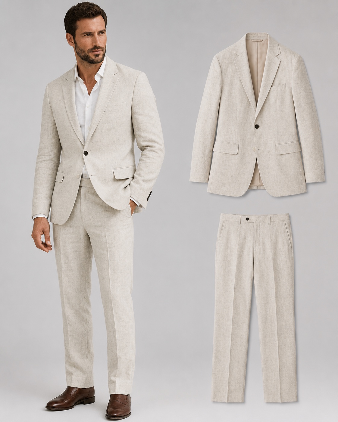 Warm-weather suit product reference used to discuss a linen or linen-look buying direction